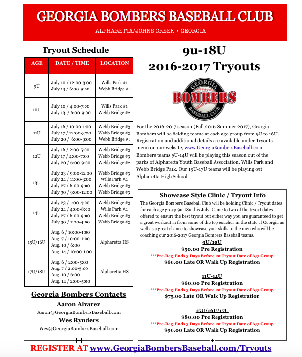 Bombers Announce 2016-2017 Tryout Schedule for 9U-18U